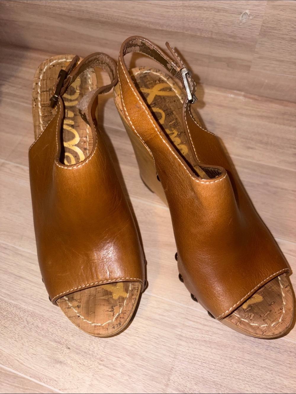 Sam Edelman Tan Leather Open-Toe Slingback Wedge Sandals